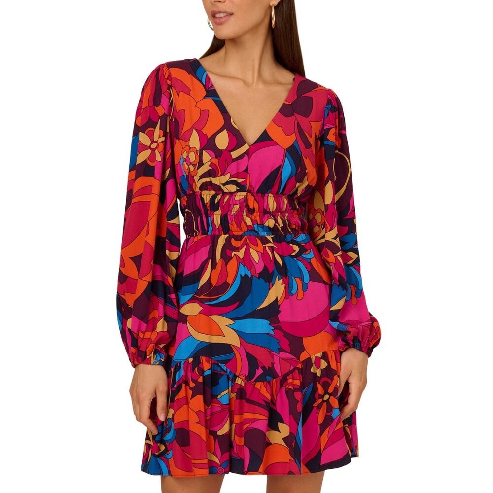 Adrianna Papell Berry Multi Printed Short Flounce Dress Long Sleeves US Size 2